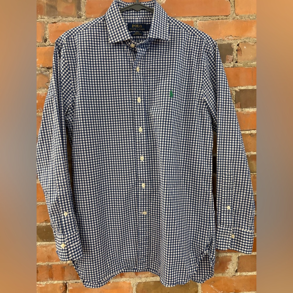 Polo Ralph Lauren Men's Size 16 (32/33) Blue Gingham Check Button Down. Slim Fit